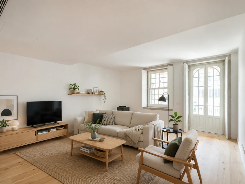 A mesma sala de estar mobilada com sofá claro, móvel de televisão, mesa de centro, tapete e cadeirão, mantendo o pavimento de madeira, a janela, a porta envidraçada e o recuperador de calor preto.