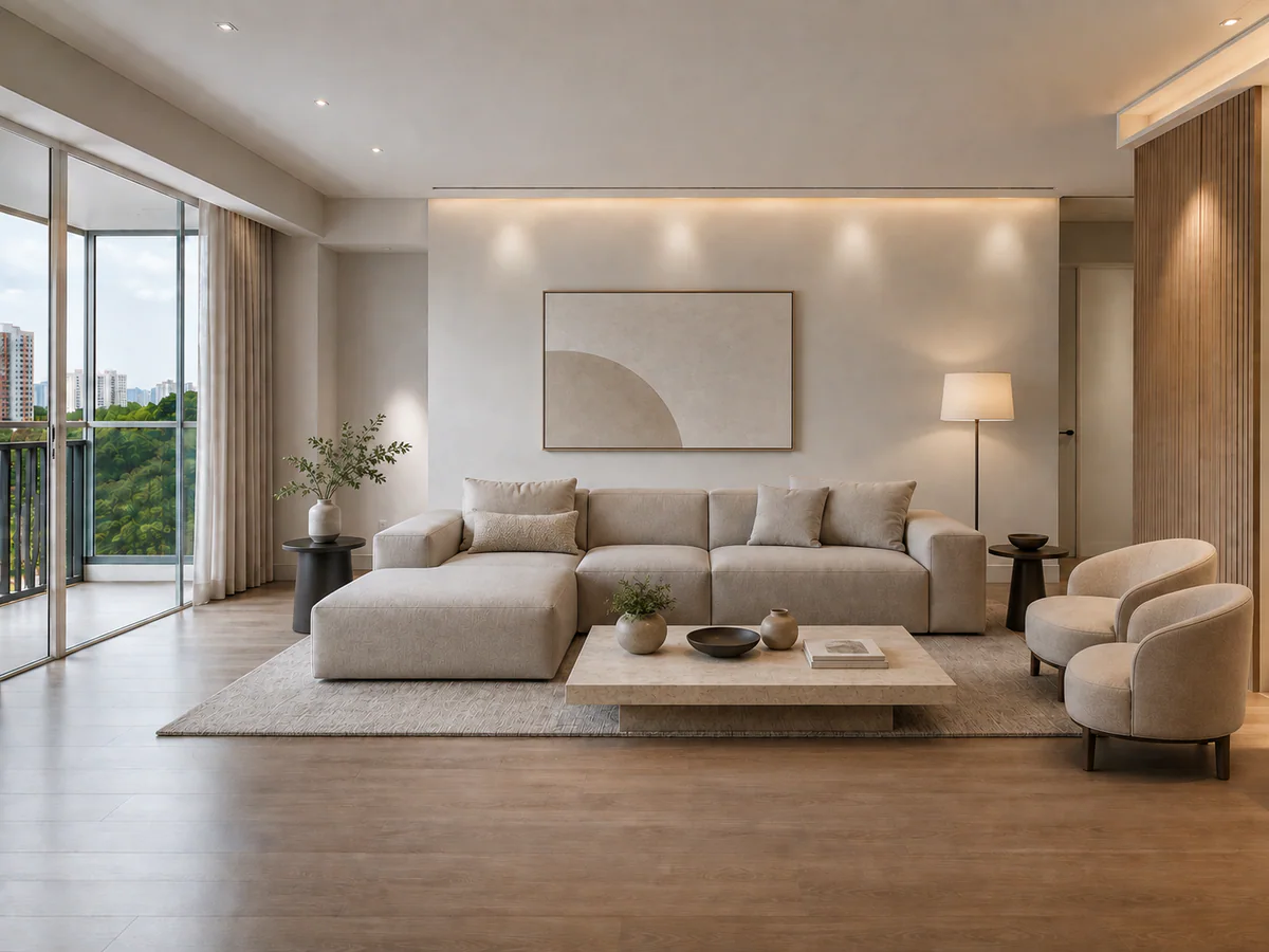 Sala com a proposta final de home staging virtual concluída.