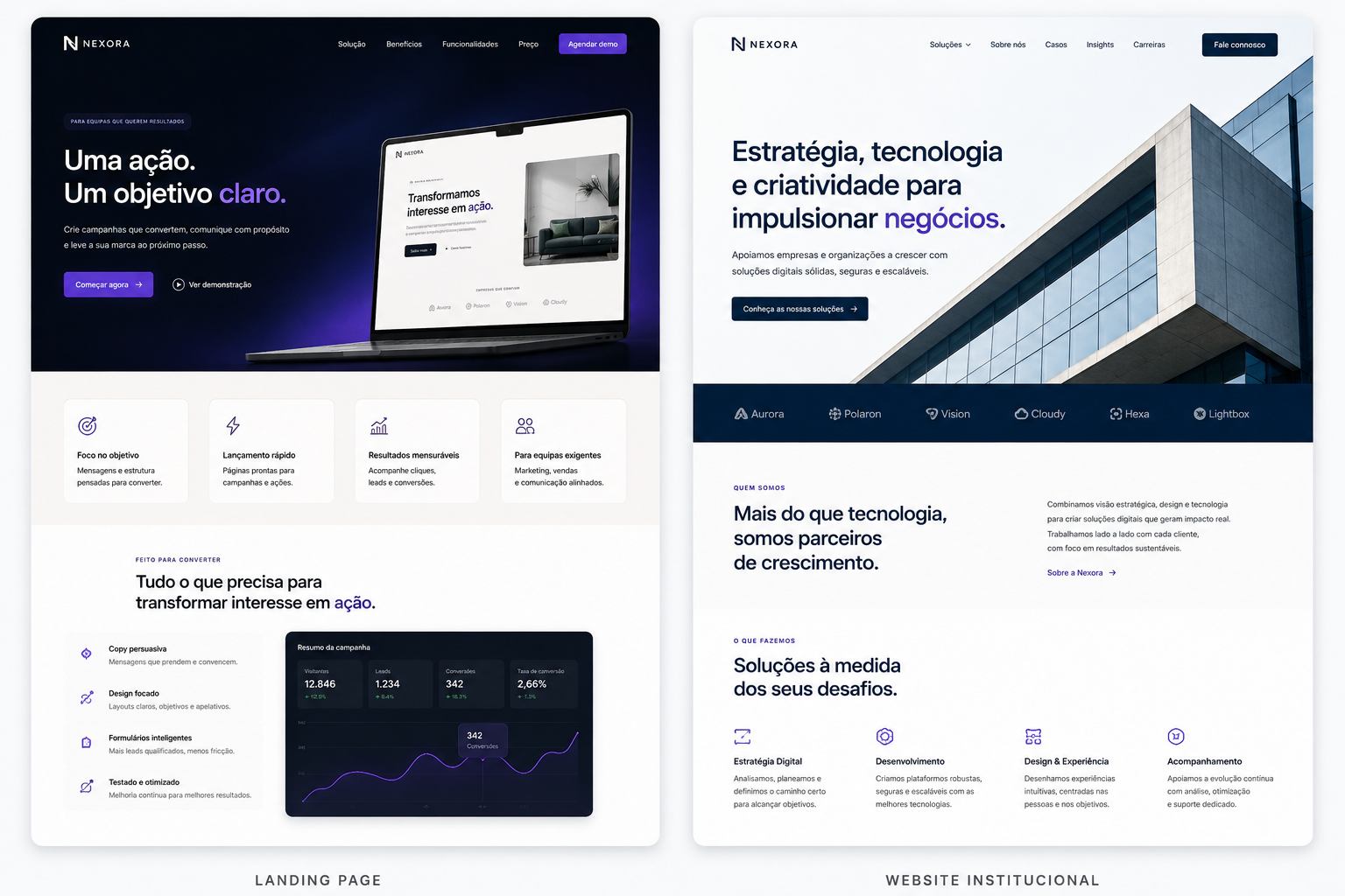 Comparação entre uma landing page e um website institucional em mockups de browser.