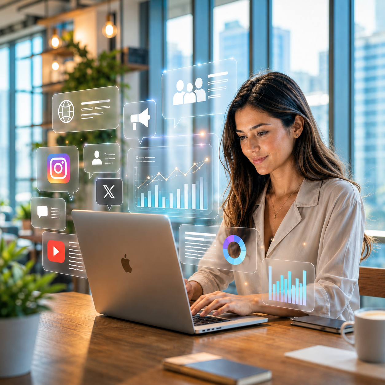 Profissional a trabalhar com direção e planeamento de presença digital.