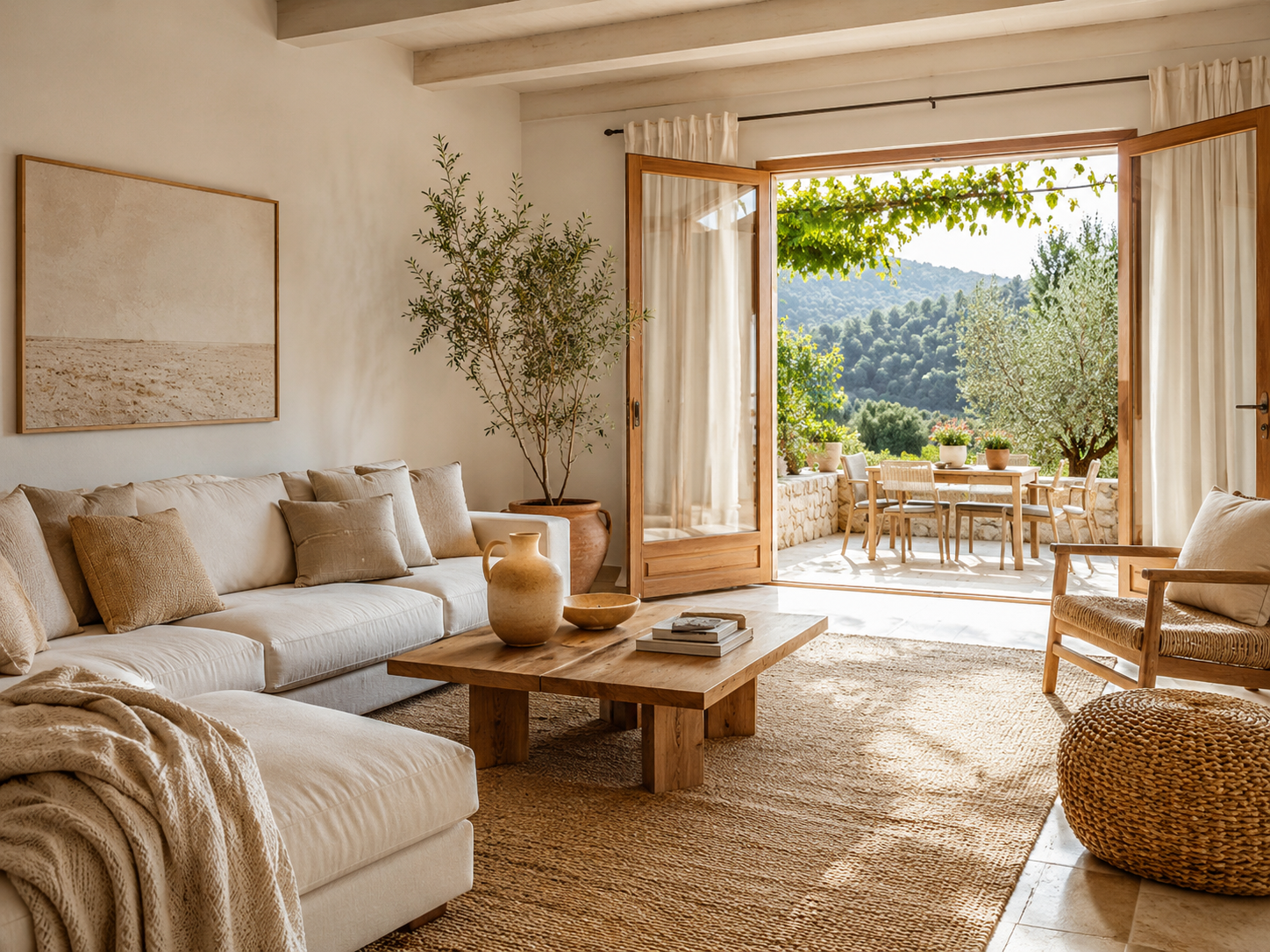 Sala luminosa apresentada com uma composição de home staging virtual.